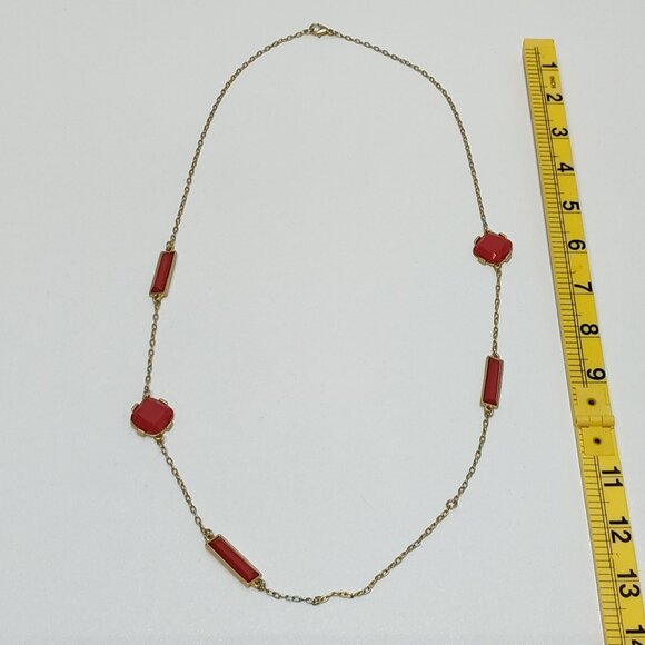Coral Red Gold-Tone Station Necklace Geometric Accents Must Have Accessory - Picture 1 of 9